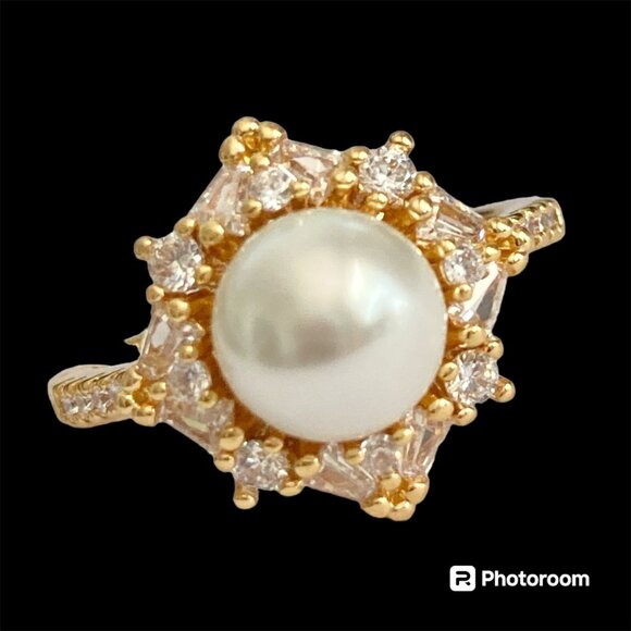 Art Deco Cubic Zirconia White Pearl Cocktail Ring Yellow Gold Plated Size 7 8 9 - Picture 15 of 15